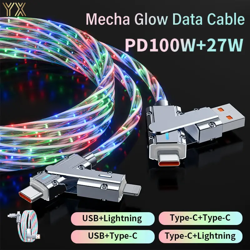 Cáp Dữ Liệu Phát Sáng, 4 Trong 1, 100W PD 27W, Cáp Dữ Liệu Type-C Sang Type-C, Cáp Sạc Nhanh, Thích Hợp Cho iPhone, Infinix, Samsung, Huawei, Xiaomi, Lenovo, OPPO, Vivo, Redmi, Type-C Sang USB, YX