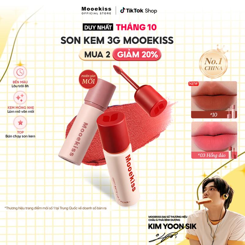 [MUA 2 GIẢM 20%] Son kem lì Mooekiss finish mịn lì, tôn da sáng, không dính ly, không khô môi, nhẹ như không khí 3g