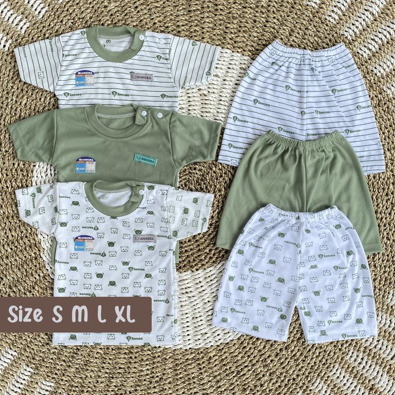 Product Introduction of ANNORA 3 Setelan Bayi 0-18 Bulan S M L XL Baju Tidur Piyama Bayi Pendek Seri Warna Sage Bear 27
