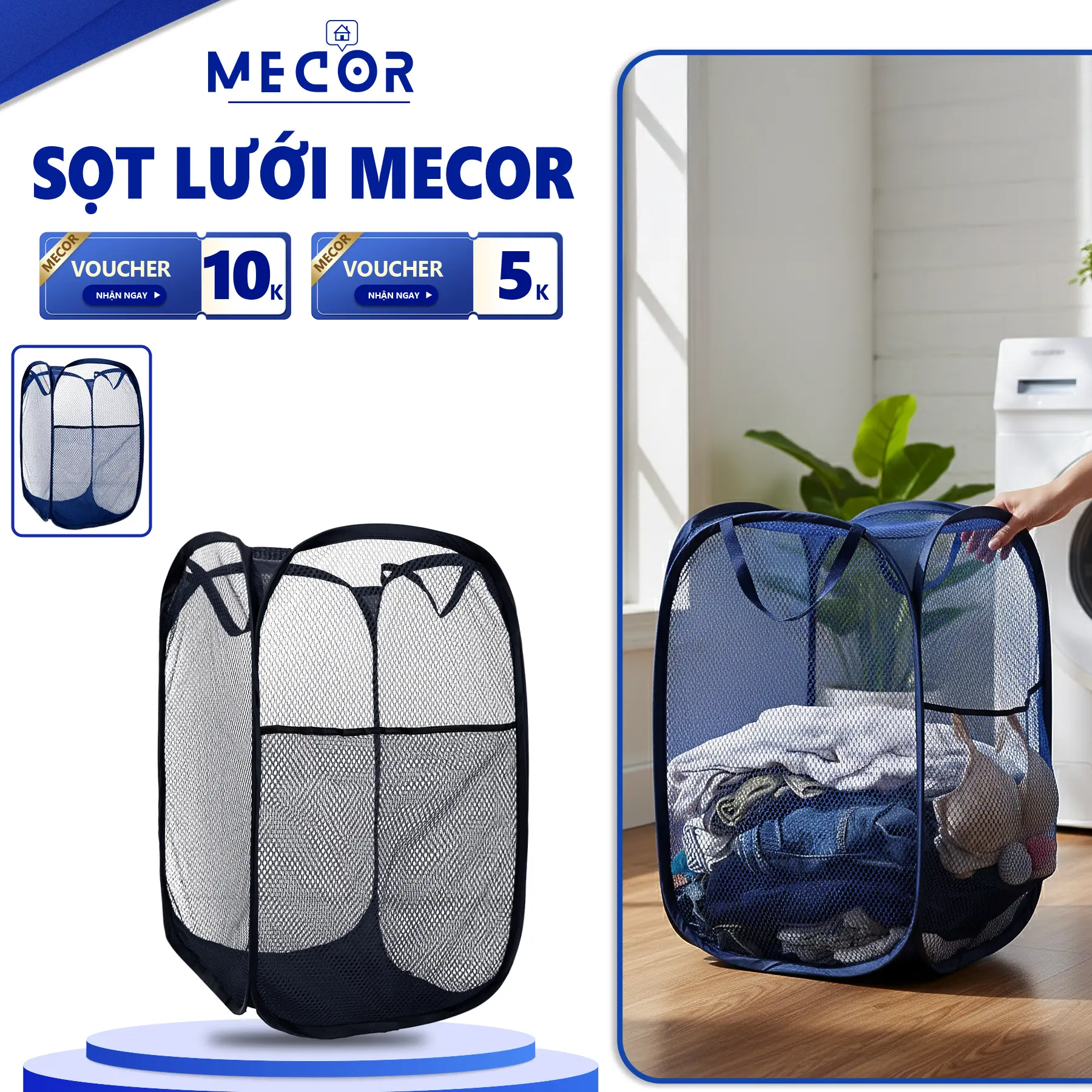 MECOR Sọt Giỏ Lưới Đựng Quần Áo Giặt Cỡ Lớn 72L Gấp Gọn Thông Minh Chất Liệu Polyester Kích Thước 36x36x56cm Thiết Kế Cứng Cá P Tiết Kiệm Không Gian