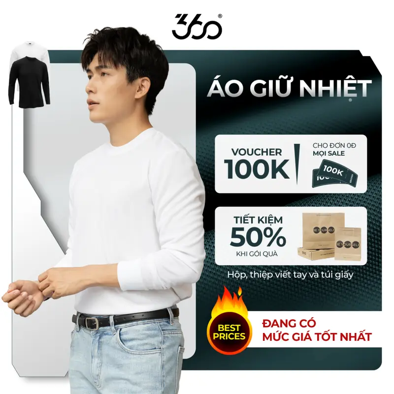 (Mua 2 áo tặng VOUCHER 40K) Áo giữ nhiệt nam 3 phân 360Boutique áo thun cổ cao dài tay ôm body mùa đông trắng đen Menswear - ATDOL528 0