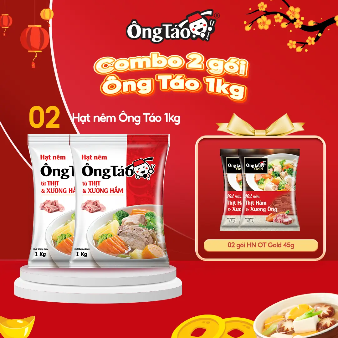 [Combo 2kg] - 2 gói Hạt Nêm Ông Táo 1kg + 2 gói Hạt Nêm Ông Táo 45g | Không chất bảo quản | Chiết xuất thịt thật | Đậm đà tự nhiên