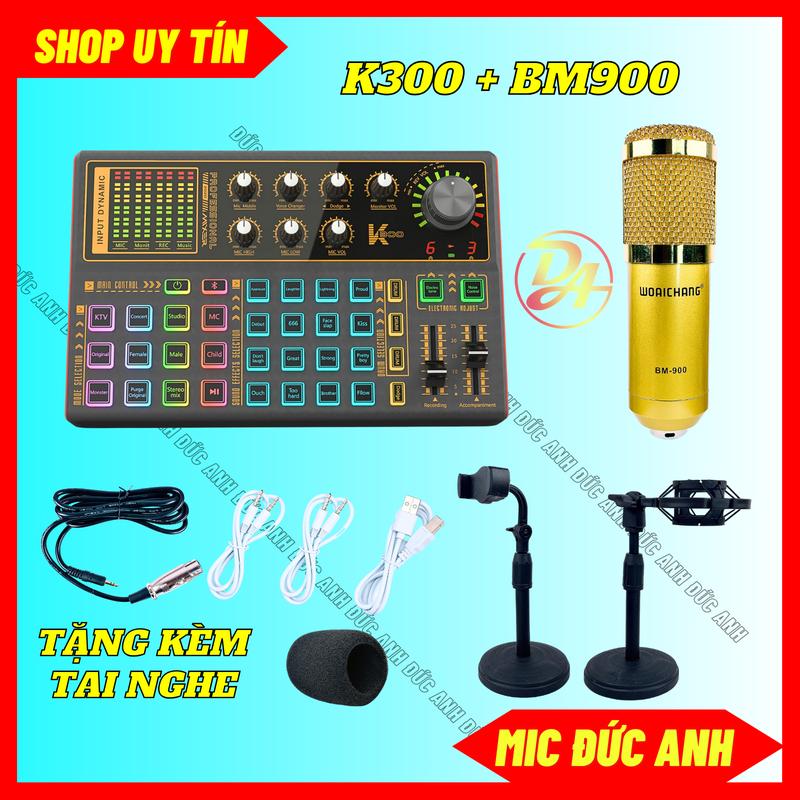 Bộ Sound Card K300 Đời Mới Mic BM900 Đủ Màu Chuyên Thu Âm Hát Livestream Âm Thanh Sống Động Tặng Kèm Tai Nghe Nhét Tai