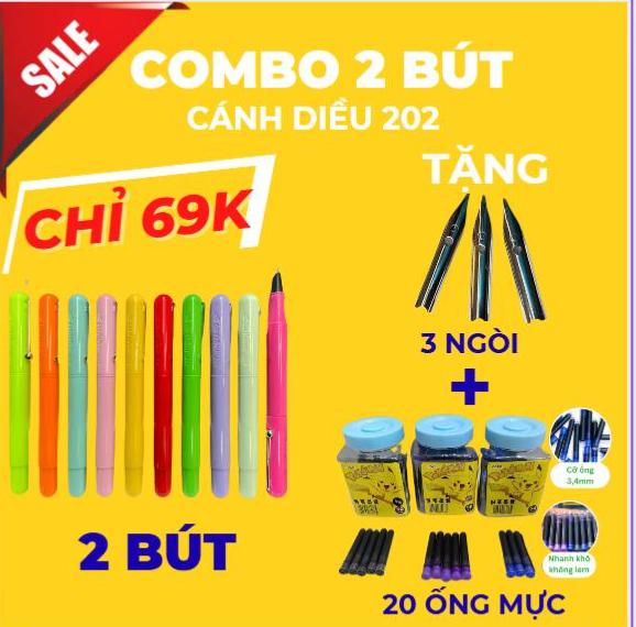 TẶNG KHẮC TÊN Combo 2 Bút Máy Cánh Diều 202 TẶNG 3 Ngòi Thay TẶNG 20 Ống Mực,Bút Maý Cánh Diều 202 Ngòi Mài Êm,Dễ Viết,Không Cào Vở,Nét Chữ Nhỏ Đẹp