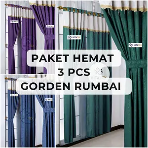 Paket 3 Pcs Gorden Rumbai Poni Jendela Pintu Kamar Hordeng Jendela Kain Katun Embos Free Tali Minimalist Green Curtains Smokring Renda Minimalis Tirai promo Pony polos
