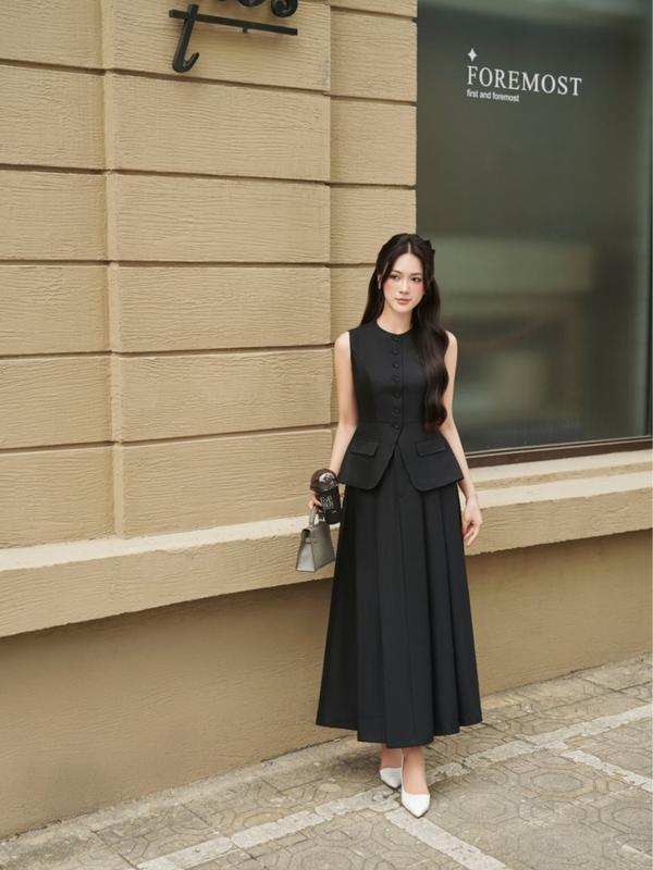 Áo gile nữ thiết kế TIINSTORE vạt chéo dáng peplum phối Chân váy dáng dài dáng xoè thanh lịch AHN.2505.191 CHD.2505.192