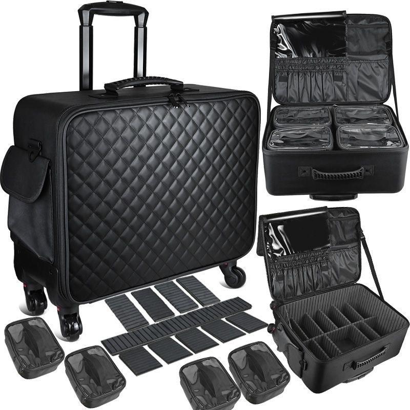 Da PU Tặng 4 Túi Vali Kéo 48cm Đựng Đồ Trang Điểm Cốp Đựng Mỹ Phẩm Đồ makeup Vali Kéo Chuyên Nghiệp