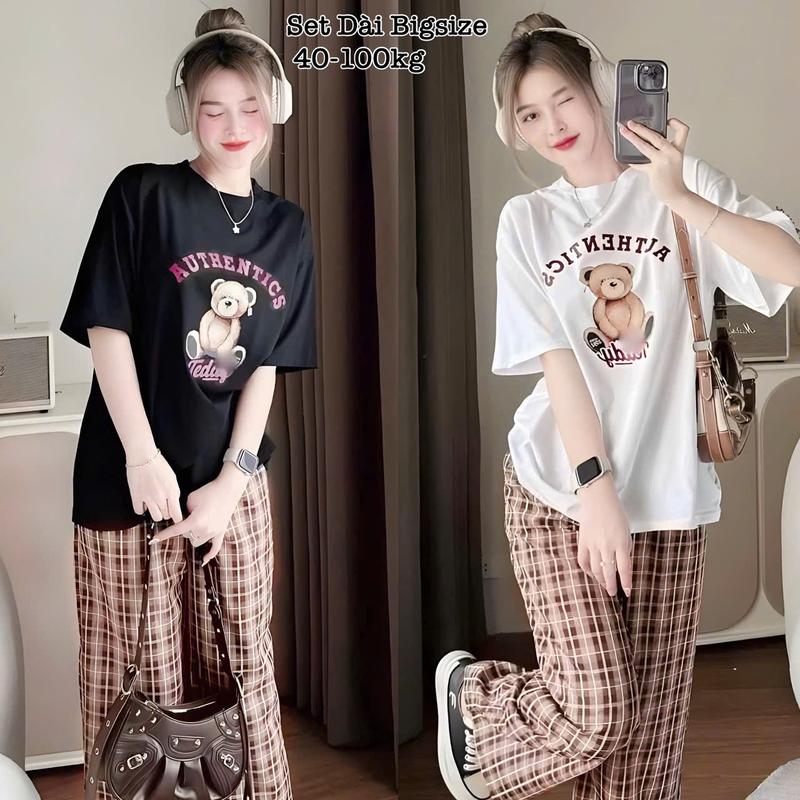 [Ưu Đãi Độc Quyền TTS] - Có Bigsize 40-95kg - Set Bộ Dài Bigsize Nữ Áo Thun Cổ Tròn IN GẤU kèm Quần Dài Form Rộng Vải Lụa Mịn Mát Dễ Thương Cao Cấp Xinh Đẹp Sang Trọng, Áo Top Màu Đen Set Đồ Nữ đẹp Set Áo Bộ Nữ Sang Chảnh Bigsize Women Trắng Kem - 2495