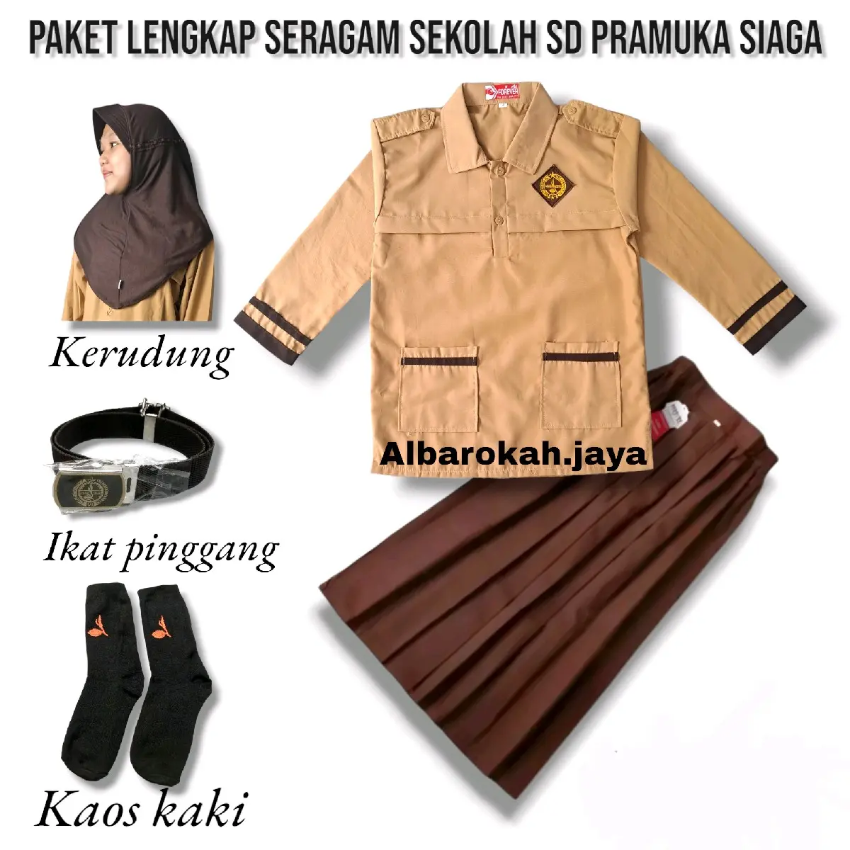 setelan seragam sekolah SD Pramuka siaga, baju siaga lis panjang rok rempel panjang anak perempuan super lengkap Pakaian