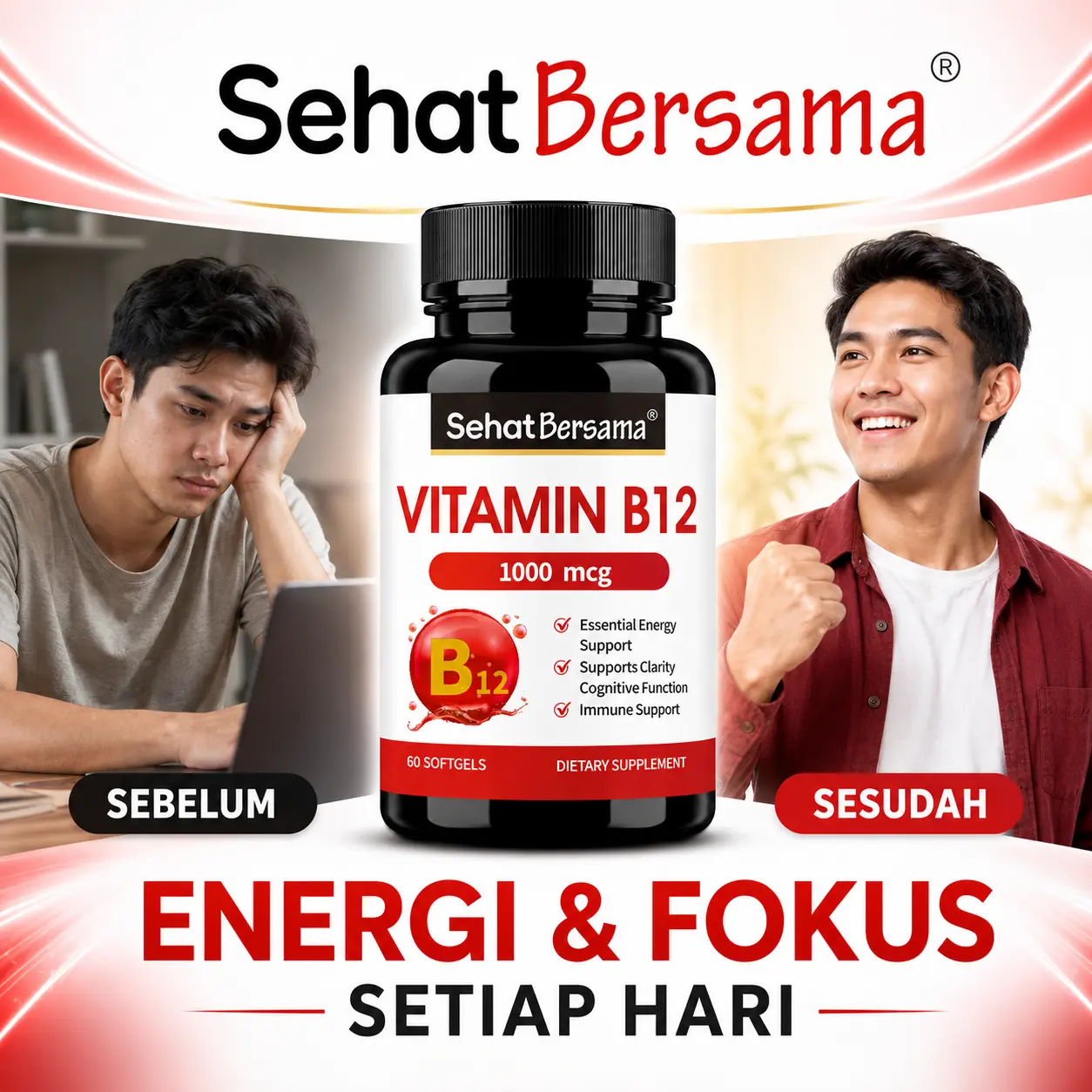 Sehat Bersama Vitamin B12 Halal MUI 60 Kapsul - Dukung Kesehatan Saraf & Pembentukan Sel Darah Merah