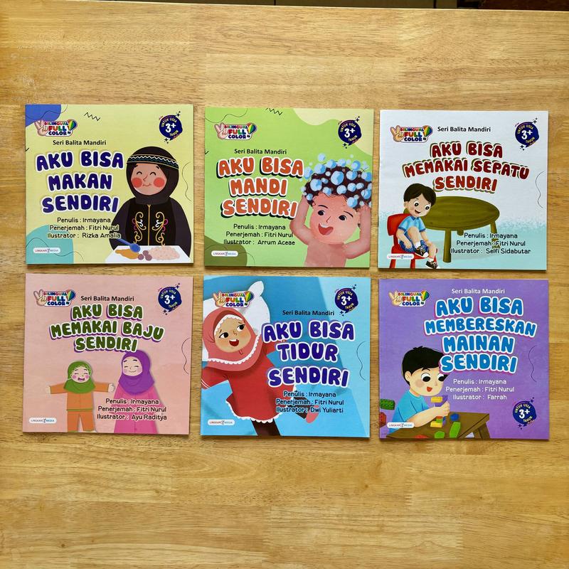 PAKET 6 BUKU - Balita Mandiri Usia 3+ : AKU BISA - Makan Sendiri, Mandi Sendiri, Memakai Sepatu Sendiri, Memakai baju Sendiri, Tidur Sendiri, Membereskan Mainan Sendiri (Cerita Anak Bilingual Bergambar) 1