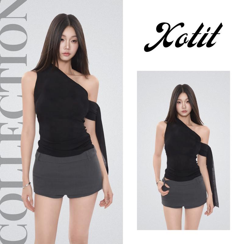 [Áo 2 lớp] Áo Lệch Hở Vai Tay Bèo Tà 1 Bên May 2 Lớp Vải Co Giãn Mùa Hè Cho Nữ Thiết Kế Độc Đáo & Thoải Mái XOTIT