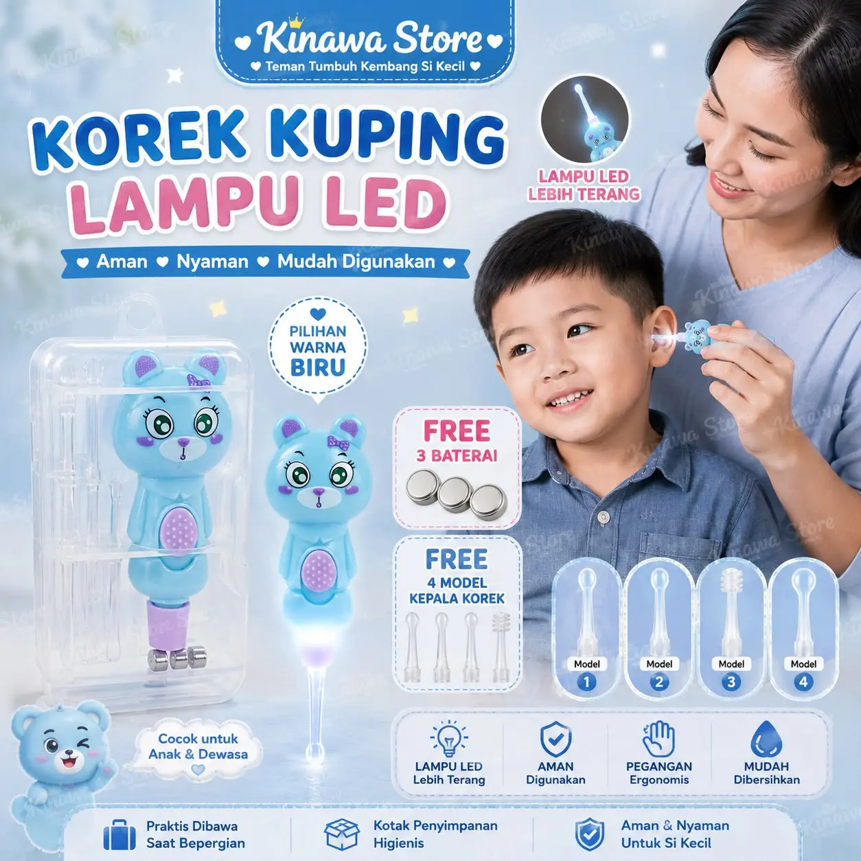 Pembersih kotoran telinga anak lampu nya dengan bonus 3pc baterai cadangan