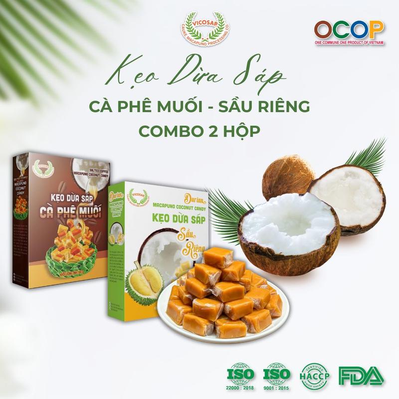 Combo 2 Hộp Kẹo dừa sáp VICOSAP Sầu riêng cà phê muối kẹo mềm dẻo ít đường đặc sản Trà Vinh - hộp 100g Ăn Vặt Candy Snack Food