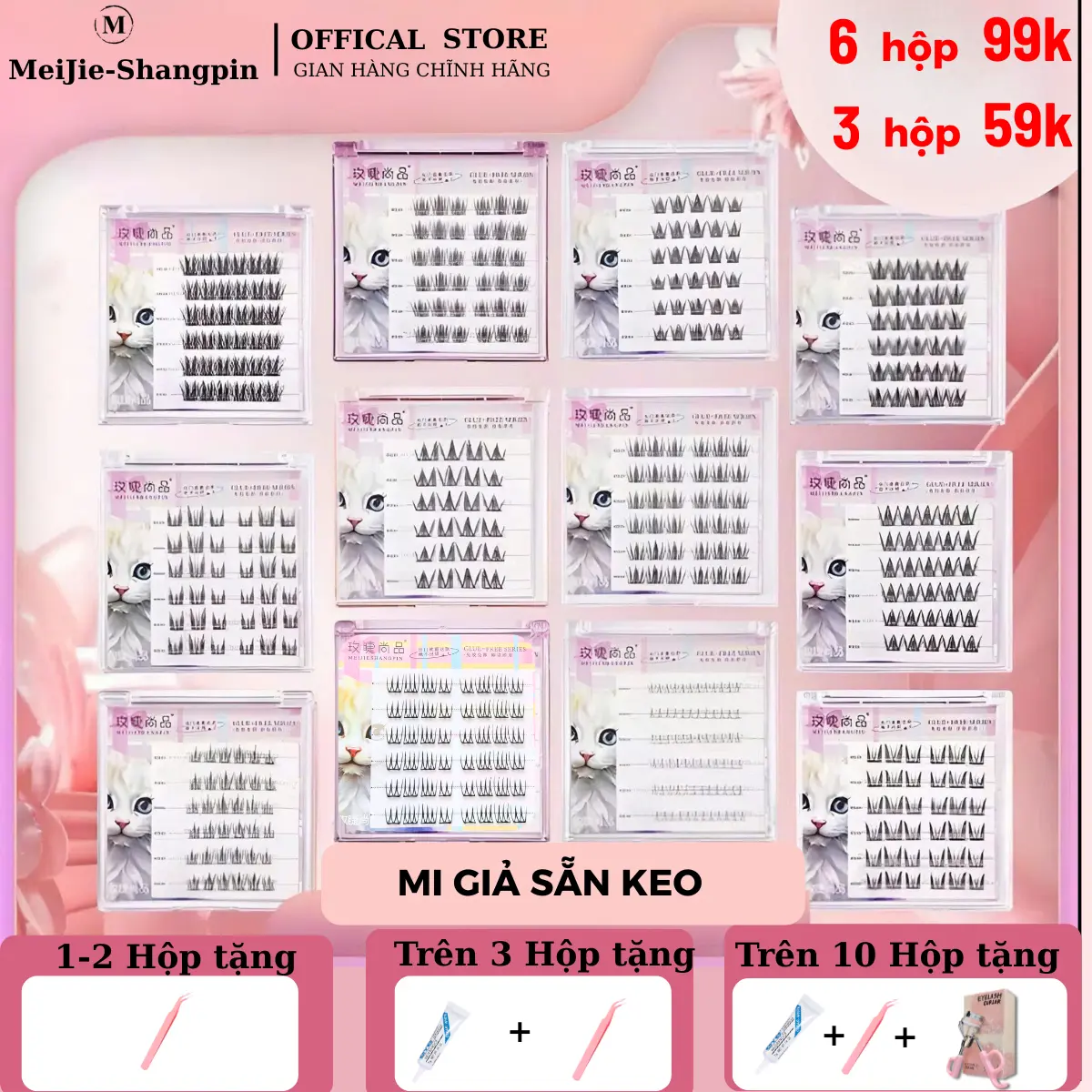 Lông mi giả sẵn keo, mi tự dính, Mi Giả tái sử dụng, Chống Nước 24H Dáng Hàn Quốc | Combo 4 Đôi Tặng Keo | Bao Bì Cao Cấp - Dành Cho Mắt Một Mí/Tròn