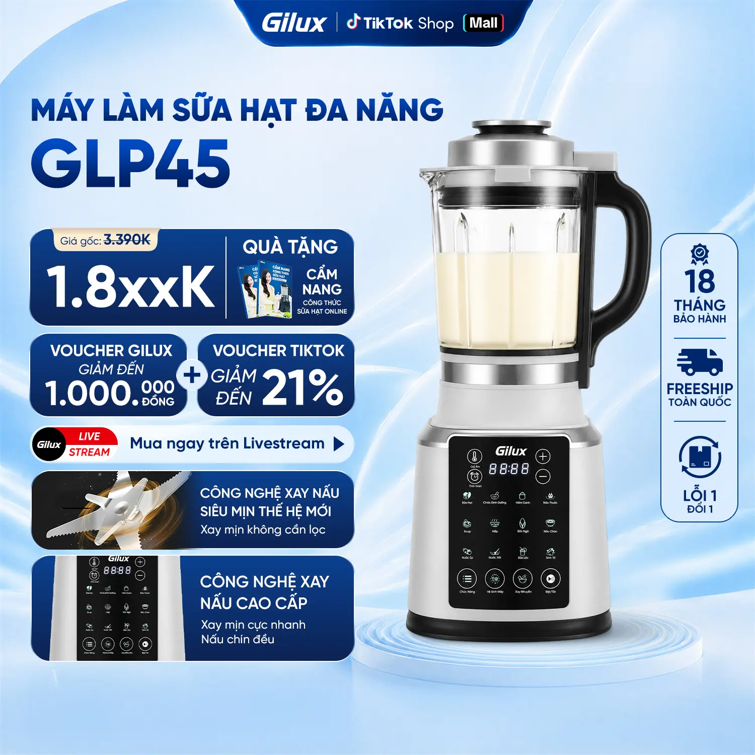 Máy làm sữa hạt cao cấp Gilux GLP45 - 15 chức năng - Công suất 2000W -Dung tích 1.75 lít - Tặng Cẩm Nang Công Thức Sữa Hạt