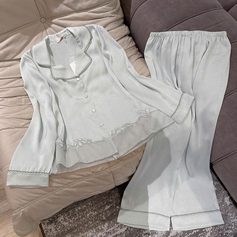 N412- Pijama dài tay lụa tơ hoa thêu xanh ngọc hàng LyLy cao cấp cho nữ - Bộ ngủ mặc nhà hàng quảng châu cao cấp