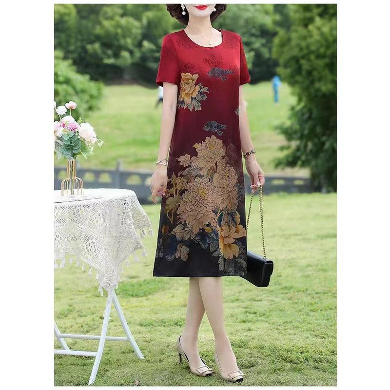 Quần Áo Nữ, Ngoại Cỡ, Váy Lụa Lạnh Nặng, 100,00kg, Trung Người Già Và Cao Tuổi, Mẹ Béo Quý Phái, Váy Sườn Xám Giả Lụa Dâu Tằm 4