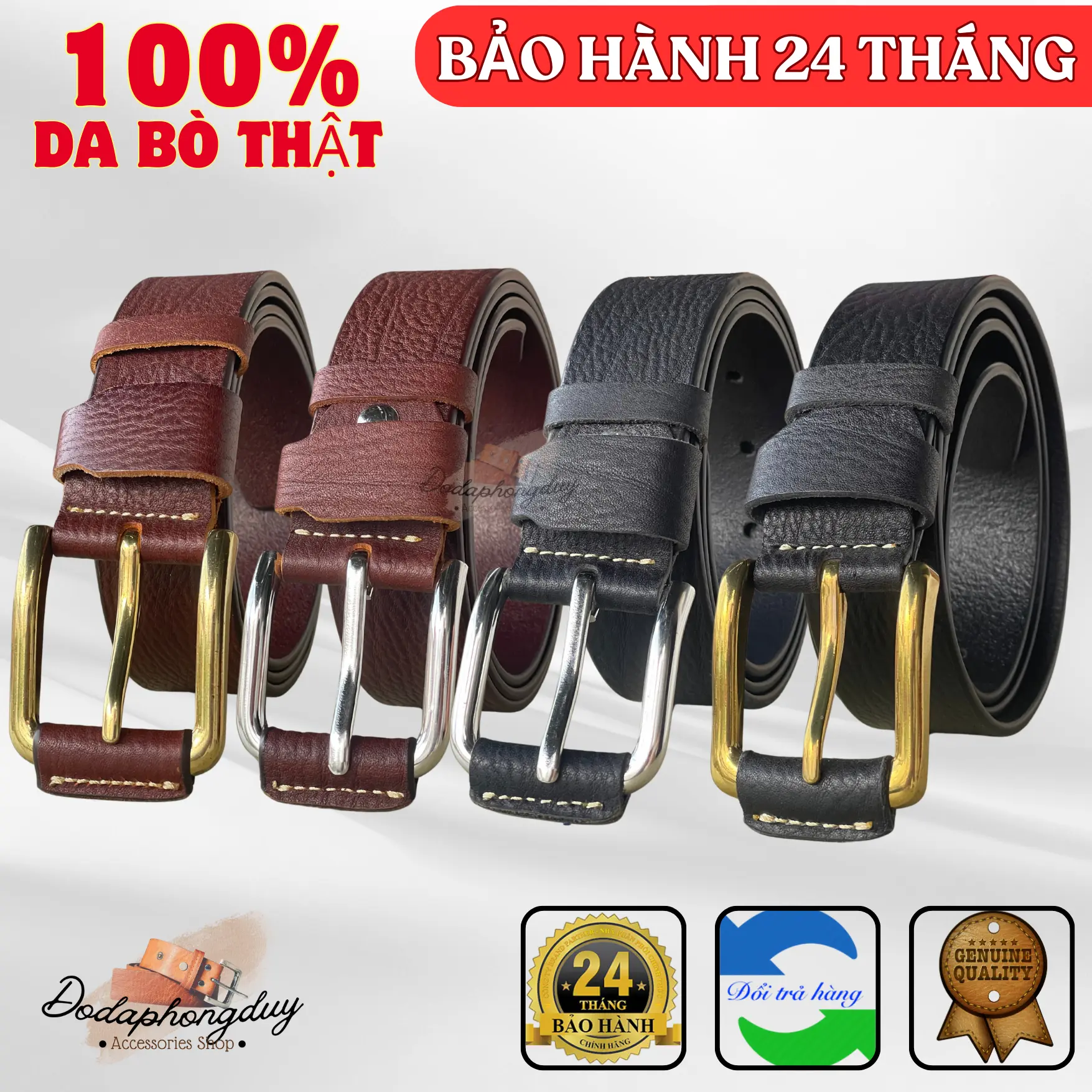 Thắt Lưng Da Bò Vân Voi, Đầu Hợp Kim Cao Cấp - Bảo Hành 24 Tháng
