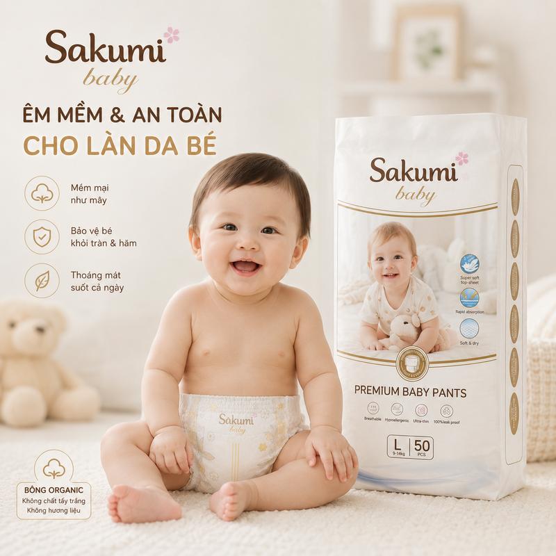 Sakumi Combo 50 Miếng Bỉm Quần Sakumi Size M đến 4XL Thấm Hút Nhanh Dung Tích Cao Mỏng 2mm Khô Thoáng Cho Bé