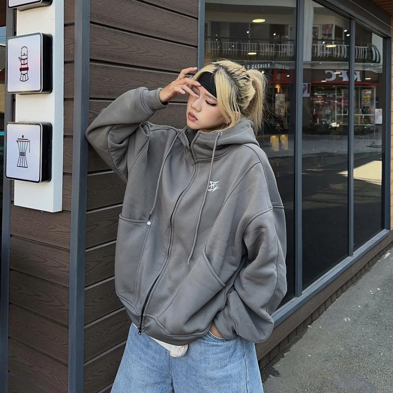  Áo Khoác Zip Cổ Cao Thêu Logo Fa Hoodie Zip Nỉ Bông Dáng Boxy Nam Nữ Unisex Có Túi Tay Dài Menswear - Dài Tay 