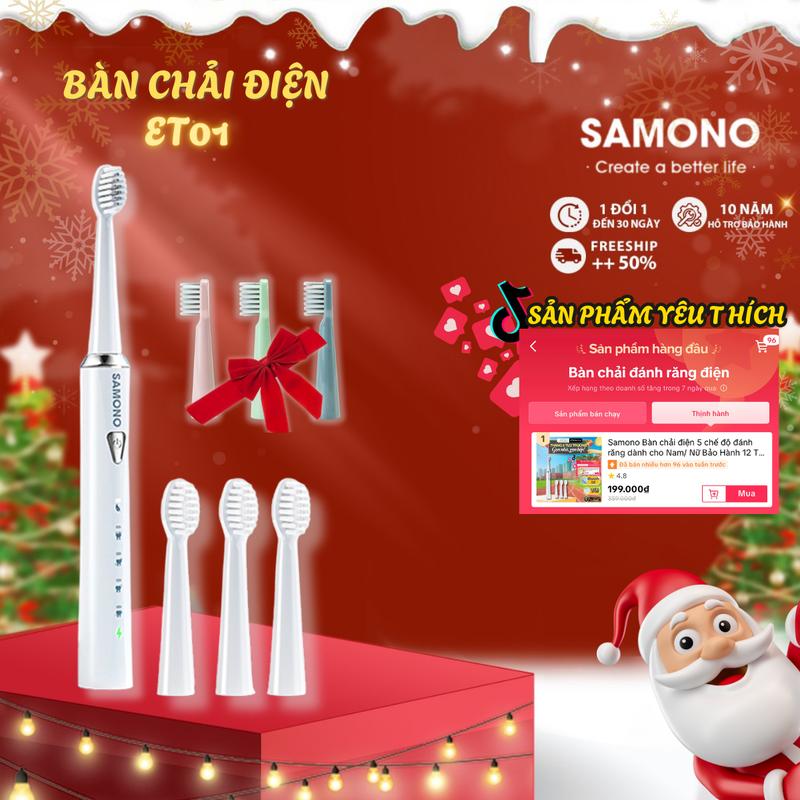 Samono Bàn chải điện 5 chế độ đánh răng dành cho Nam Nữ Bảo Hành 12 Thangs 4 đầu bàn chải thay thế mềm mại đánh tẳng tốt SW-ET01 người lớn và răng bé đều sử dụng được bàn chải BH 12 THÁNG