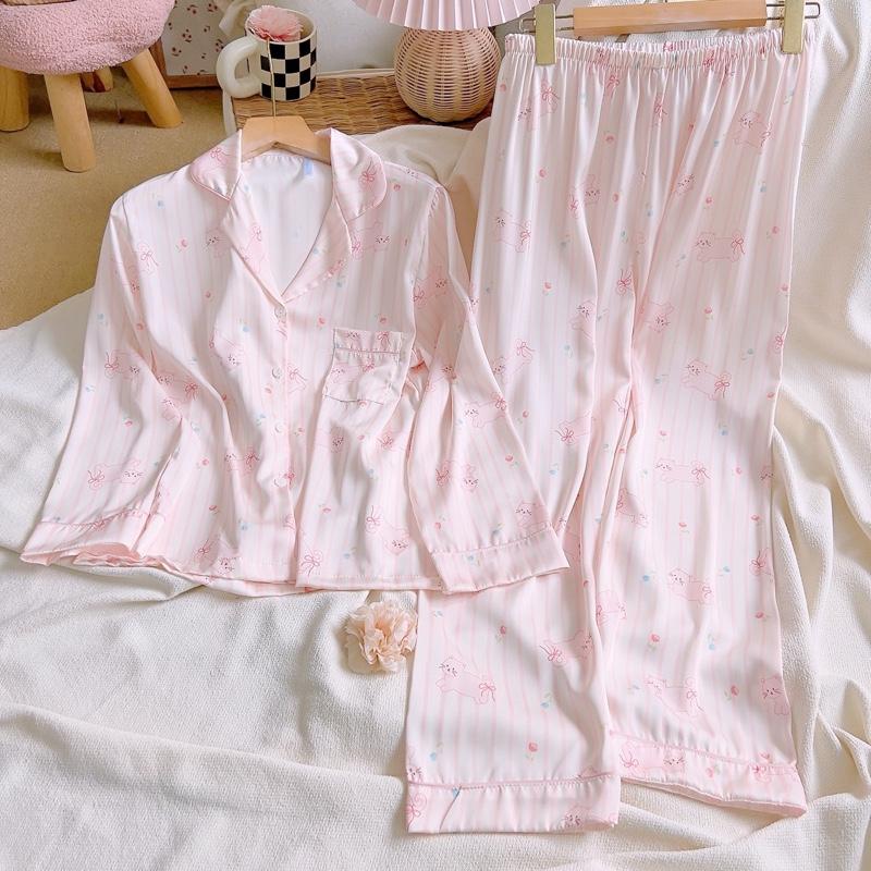Maisleepwear Bộ Pijama Tay Dài Quần Dài Viền Họa Tiết Xinh Lụa Mặc Nhà MS1279