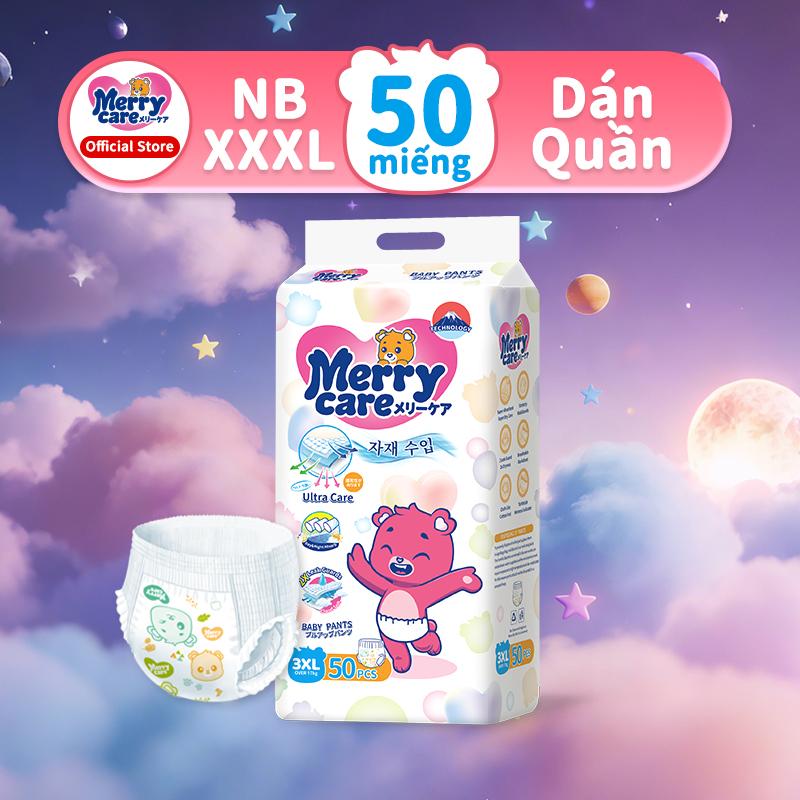Bỉm quần / Tã dán Merry Care combo 50miếng size NB/S/M/L/XL/XXL/XXXL Form bo Thấm hút 700ml-1000ml