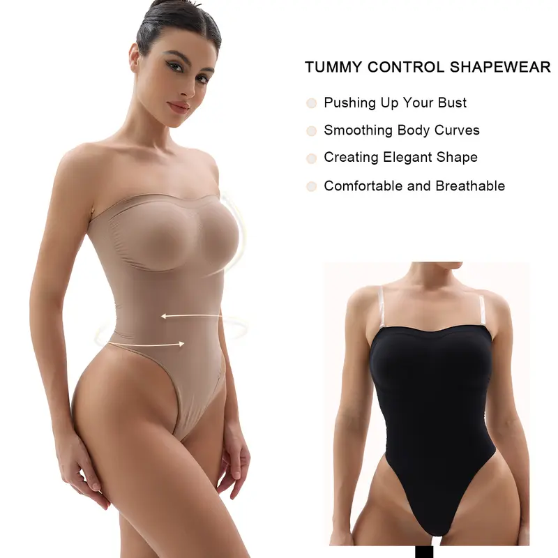 SHAPERX Strapless Thong Bodysuit for Women Tummy Control Shapewear Seamless Sculpt Body Shaper with Removable Straps 2