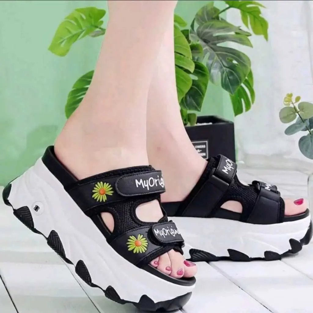 Sandal Wadges Selop Anak Perempuan dan Dewasa Korea Motif BUNGAA / sendal import anak cewek