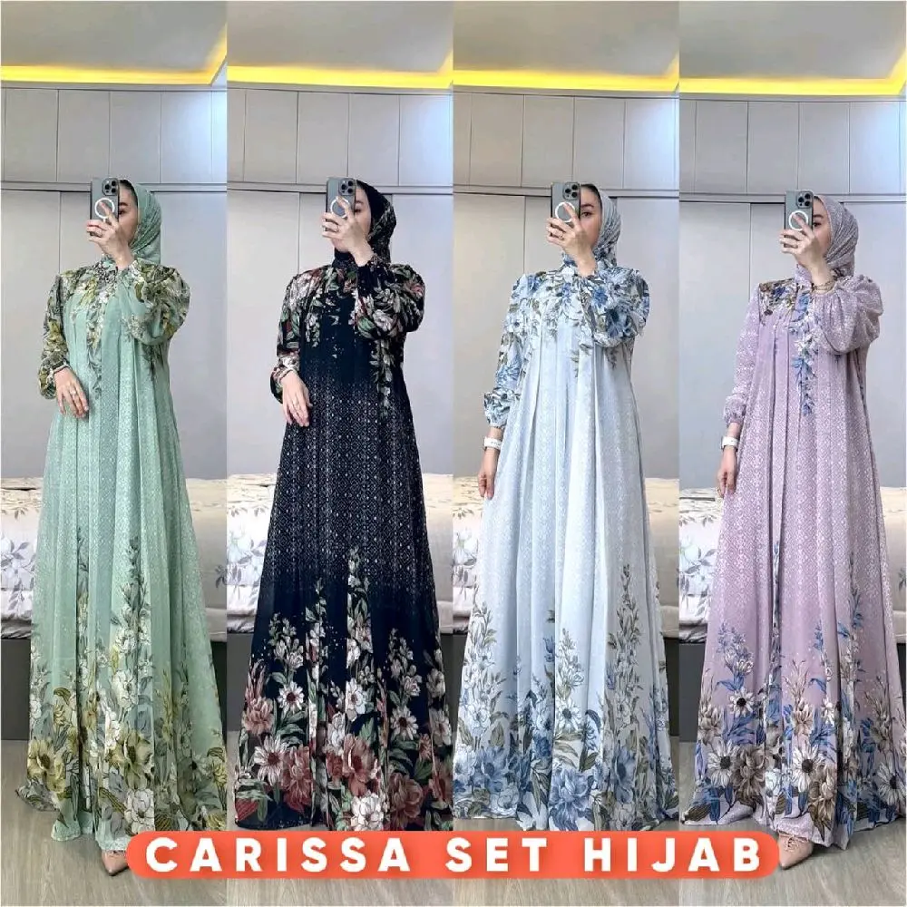 carisa set hijab gamis terbaru anggun mewah motif elegan ld 115 pb 135 Muslim Dewasa Syari Remaja Wanita Ibu