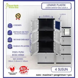 Lemari Pakaian Lemari Plastik 4 Susun dengan Kaca dan Kunci HK MINI TOP KACA FULL KUNCI 4 PUTIH ( MT4SSNKACAK-PUT )