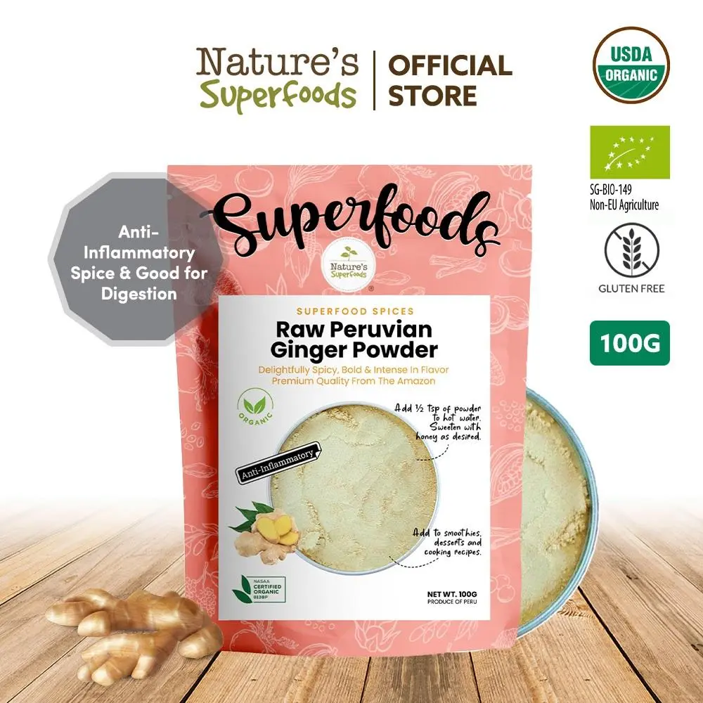Nature's Superfoods Organic Raw Peruvian Ginger Powder Spice 100g l Delightfully Fragrant, Spicy l Boosts Digestion