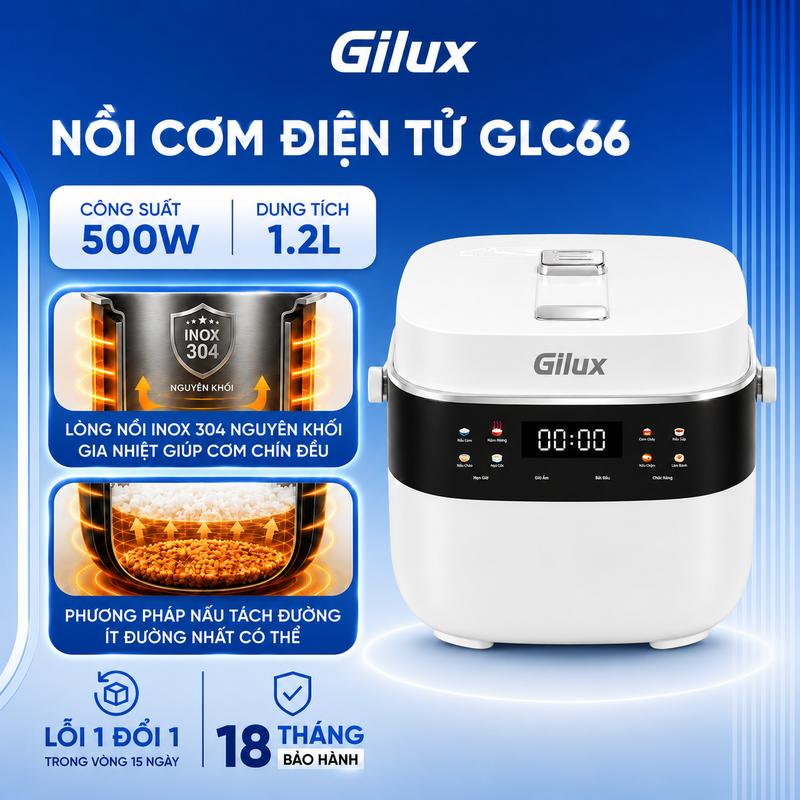 NỒI CƠM ĐIỆN GILUX GLC66-1,2L - Cơm Dẻo Mềm Lớp Cháy Ròn Tan,Lòng Nồi INOX 304 Chống Dính,Giữ Ấm & Hẹn Giờ 24H