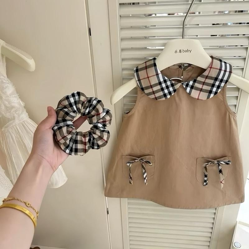 (Mekembean) Tặng buộc tóc , Váy cổ sen kẻ 2 túi xinh yêu đính nơ , chất đũi mềm mát cho bé gái , váy bé gái mùa hè