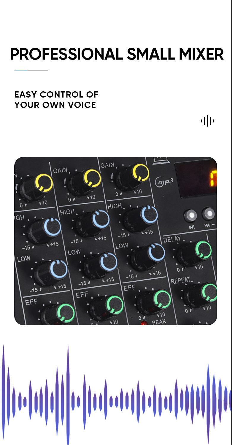 Product Introduction of LX01 4 kênh, chuyên nghiệp, nhỏ, bluetooth, máy trộn, với hiệu ứng âm vang, sử dụng tại nhà, karaoke, sân khấu, biểu diễn, đám cưới, hội nghị, bộ khuếch đại Mixer 8