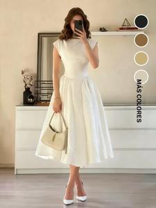 Vestido casual de moda para mujer, nuevo de primavera y verano, color liso, elegante estilo vintage, largo y voluminoso, vestido con cintura ceñida estilo francés, ideal para boda, cita o salida