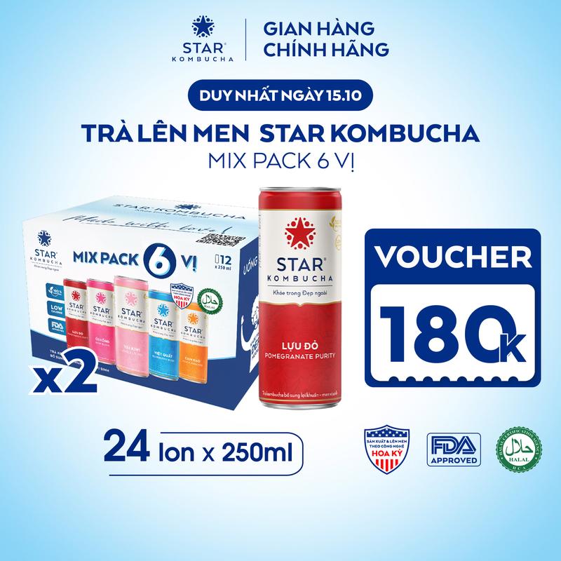 Combo 2 Thùng 12 lon trà lên men Star Kombucha mix vị (250ml/lon) - có chứa probiotics từ trà lên men tự nhiên