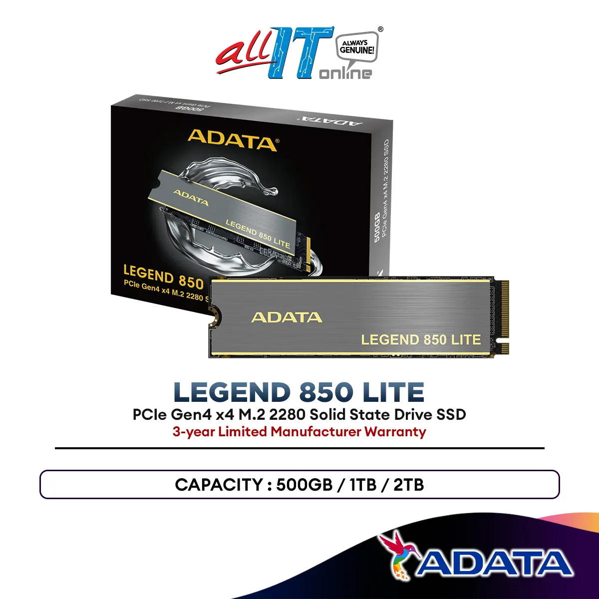 ADATA Legend 850 LITE NVMe PCIe Gen4 x 4 M.2 2280 Internal Solid State Drive SSD, Read Speed up to 5,000MB/s, Storage for Gaming and Desktop PC Upgrades, High Endurance with 3D NAND, Compatible PS5