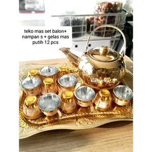 Set Lengkap Nampan Emas + Teko Stainless Steel + 1 Lusin Gelas Cucing Mas Putih Muslim Pria UMROH Tea Wadah