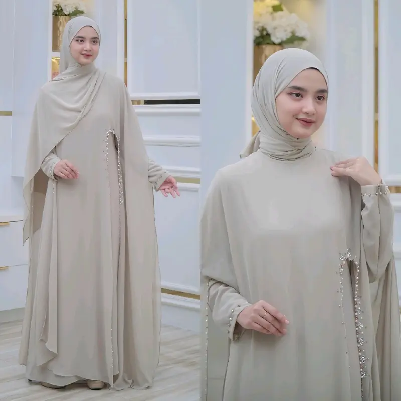 Gamis Wanita Dewasa Set Hijab Pashmina Bahan Ceruty Full Puring Gamis Lebaran Kondangan Pengajian Mewah Cantik Nyaman Pesta Remaja Payet 3