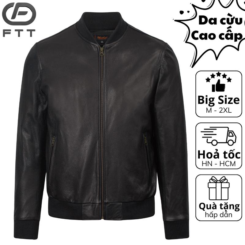 Áo khoác da cừu nam Bomber Jacket FTT cam kết da thật bền bỉ không bong tróc nổ AD601C