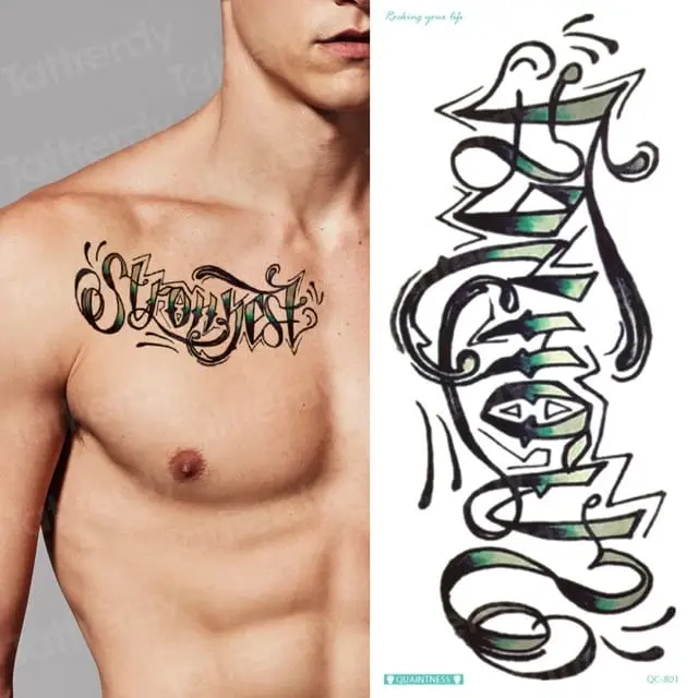 Tato Temporer QC 801 Motif Tulisan STRONGEST Tattoo Tatto Temporary Tahan Air Sementara - Tatto Pria Dan Wanita Dewasa - Tatto Dada - Tatto Kaki - Tatto Lengan - Tatto Punggung - Tatto Tubuh - Tatto Sticker Stiker Unik Estethic Kering Bunga 0