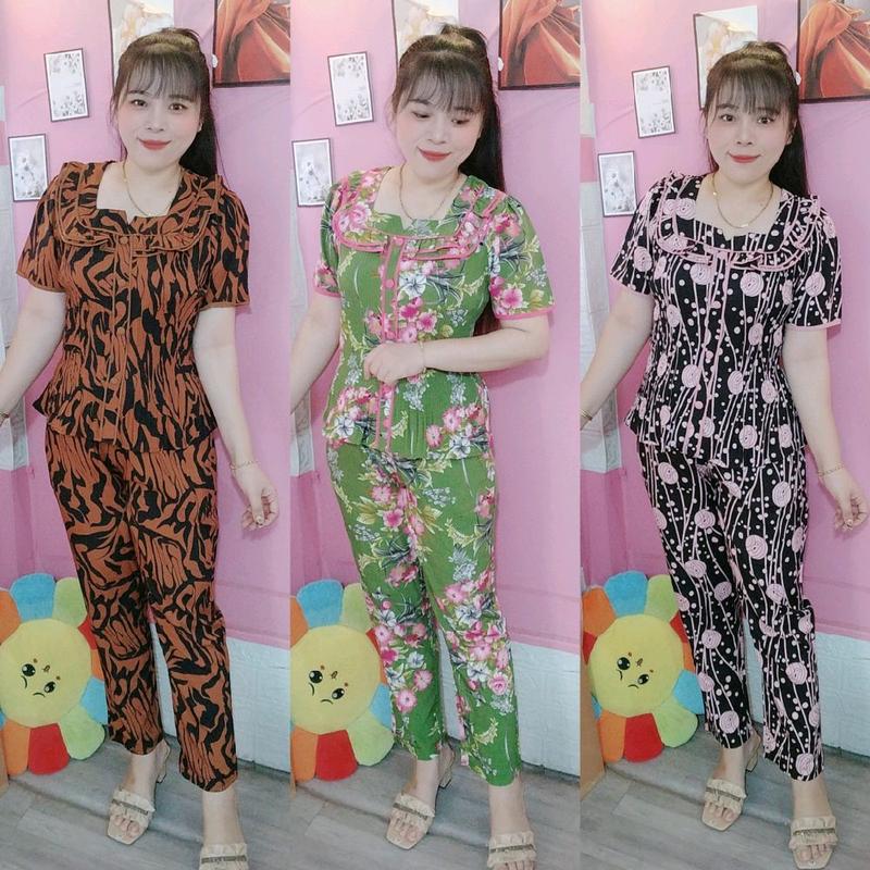 Đồ Bộ Nữ Áo Dập Ly Cổ Vuông Tay Phồng Quần Dài Vải Lụa Hàn Mềm Mịn Size 40-70kg Nhiều Màu Voi Nhung