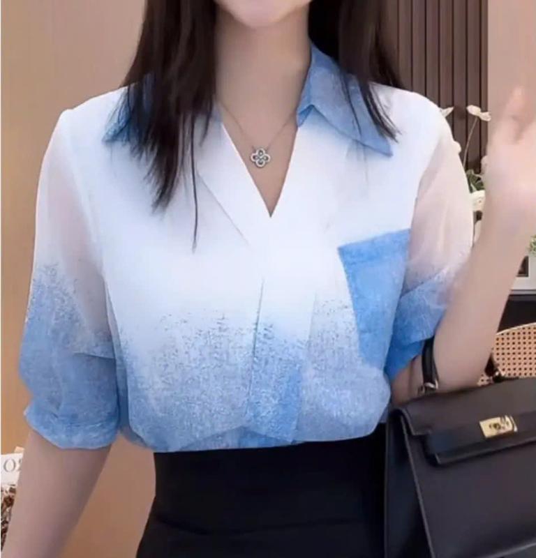  Áo sơ mi nữ form rộng loang màu xanh trắng – Tay lỡ  chất voan lụa mát lên dáng xinh 