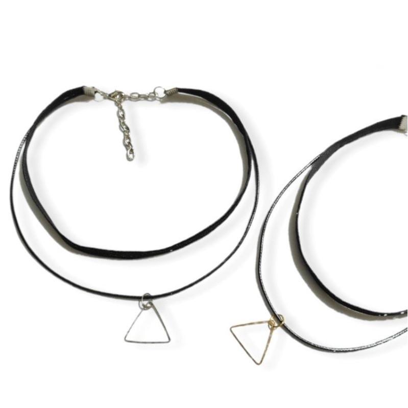 Black Double Layer Triangle Velvet Choker Necklace Kalung Segitiga Multilayer Dua Lapis Rantai Tali 1