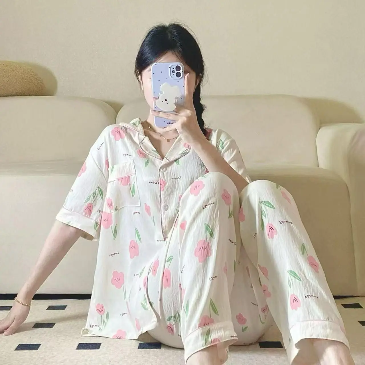 Setelan Piyama Baju Tidur Wanita Dewasa Lengan Pendek Celana Panjang Cp Kancing Crinkle Rayon Premium