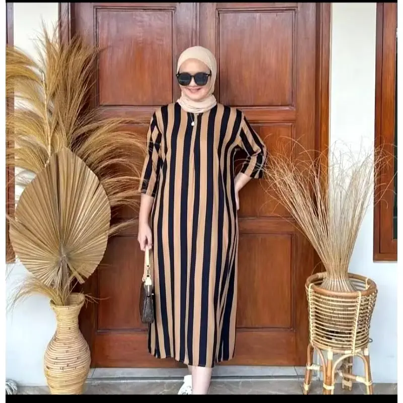 COD Daster Gamis Tangan 3/4 Motif Salur Terbaru Kekinian - Marun Salur Kcl, Satu Ukuran 3