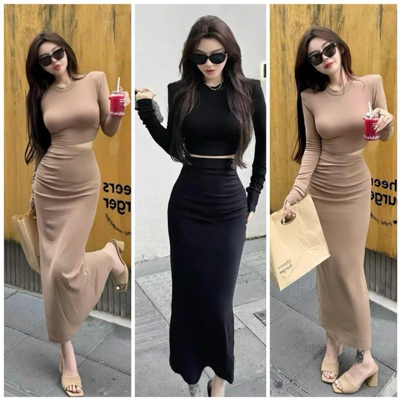 Set Áo Crotop Tay Dài Phối Chân Váy Cá Tính Trẻ Trung Năng Động
