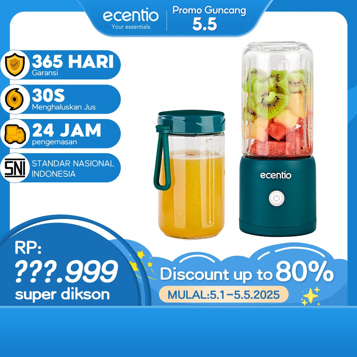 【K】【In stock】【8 Mata Pisau】【Garansi 30 hari】ecentio Kaca blender Portable 8 mata pisau Multifungsi Mini Juicer cup 380/380 ml + 380 ml Usb jus Kaca Menebal Cangkir